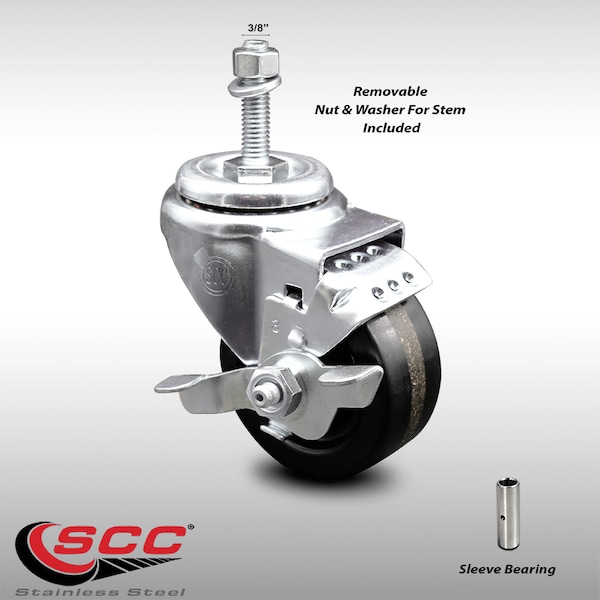 3 Inch SS Phenolic Wheel Swivel 3/8 Inch Threaded Stem Caster with Brake SCC
